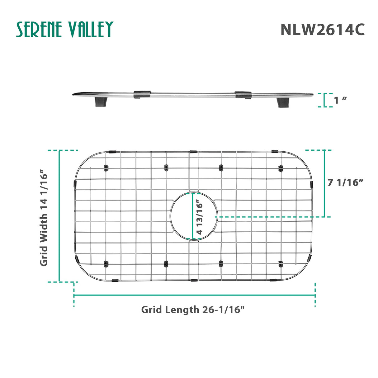 Sink Protector Grid 26 - 1/16" x 14 - 1/16", Centered Drain with Corner Radius 3 - 1/2" NLW2614C - Serene Valley