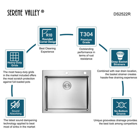 Stainless Steel 25 - in. Single Bowl Drop - in or Undermount Kitchen Sink with Thick Deck and Grid, DS2522R - Serene Valley