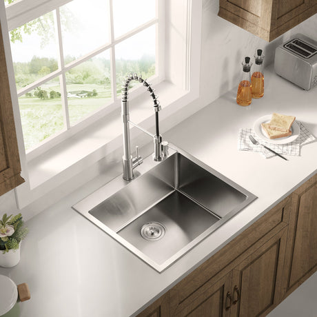 Stainless Steel 25 - in. Single Bowl Drop - in or Undermount Kitchen Sink with Thick Deck and Grid, DS2522R - Serene Valley