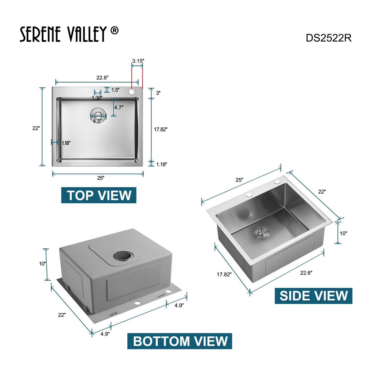 Stainless Steel 25 - in. Single Bowl Drop - in or Undermount Kitchen Sink with Thick Deck and Grid, DS2522R - Serene Valley