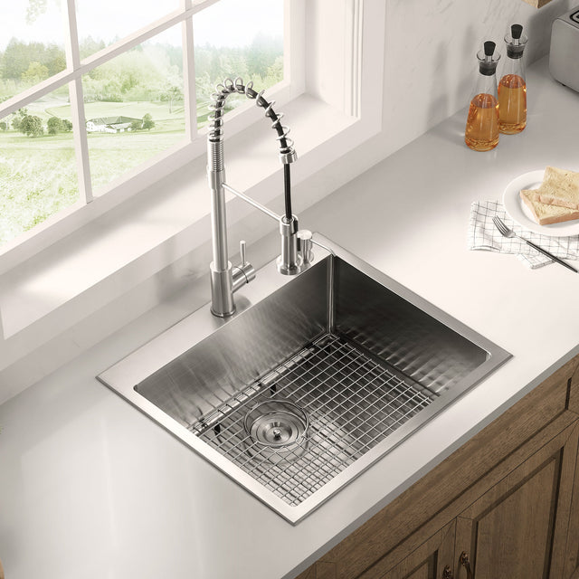 Stainless Steel 25 - in. Single Bowl Drop - in or Undermount Kitchen Sink with Thick Deck and Grid, DS2522R - Serene Valley