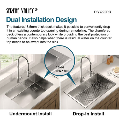 Stainless Steel 32 - in. Single Bowl Drop - in or Undermount Kitchen Sink with Corner Drain and Grid, DS3222R - Serene Valley