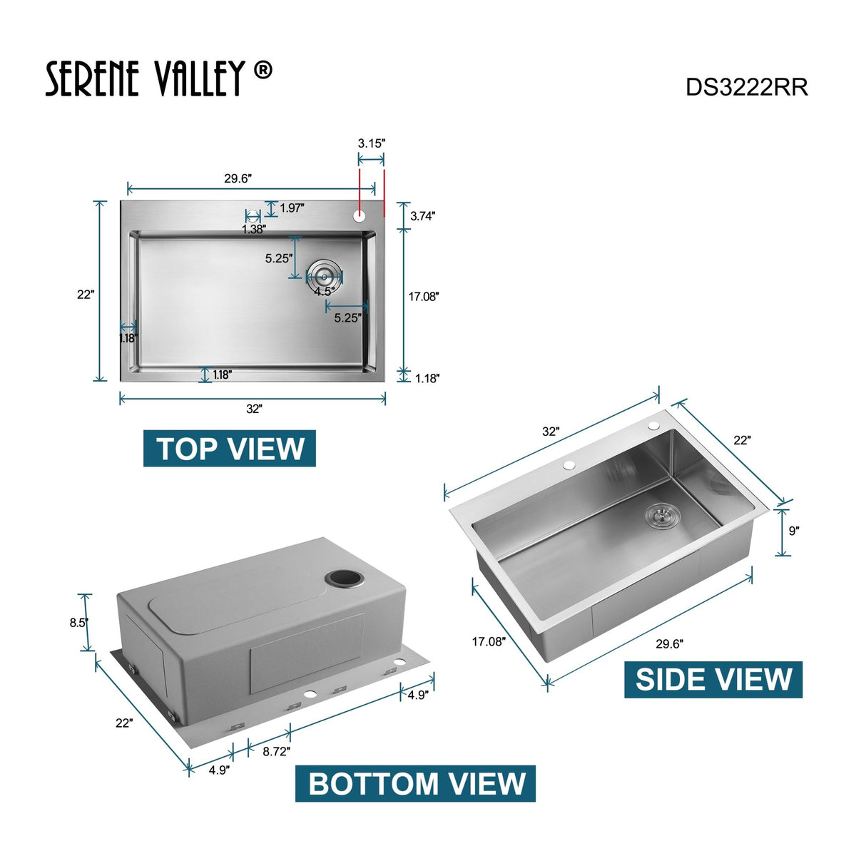 Stainless Steel 32 - in. Single Bowl Drop - in or Undermount Kitchen Sink with Corner Drain and Grid, DS3222R - Serene Valley