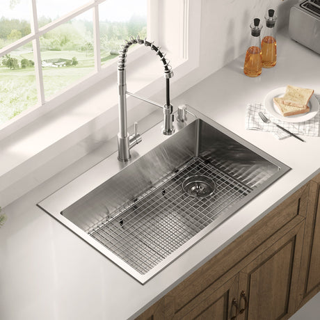 Stainless Steel 32 - in. Single Bowl Drop - in or Undermount Kitchen Sink with Corner Drain and Grid, DS3222R - Serene Valley