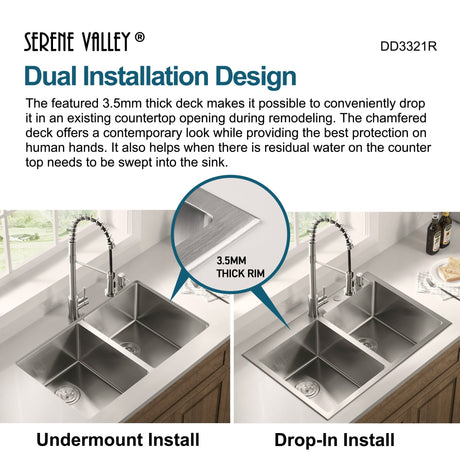 Stainless Steel 33 - in. 50/50 Double Bowl Drop - in or Undermount Kitchen Sink with Thick Deck and Grids, DD3321R - Serene Valley