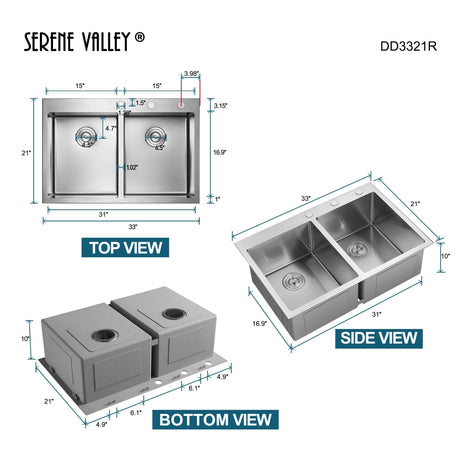 Stainless Steel 33 - in. 50/50 Double Bowl Drop - in or Undermount Kitchen Sink with Thick Deck and Grids, DD3321R - Serene Valley