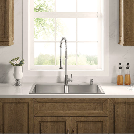 Stainless Steel 33 - in. 50/50 Double Bowl Drop - in or Undermount Kitchen Sink with Thick Deck and Grids, DD3321R - Serene Valley