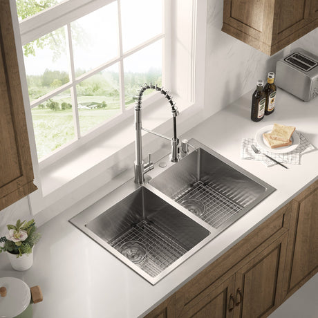 Stainless Steel 33 - in. 50/50 Double Bowl Drop - in or Undermount Kitchen Sink with Thick Deck and Grids, DD3321R - Serene Valley