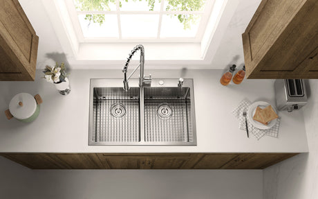 Stainless Steel 33 - in. 50/50 Double Bowl Drop - in or Undermount Kitchen Sink with Thick Deck and Grids, DD3321R - Serene Valley