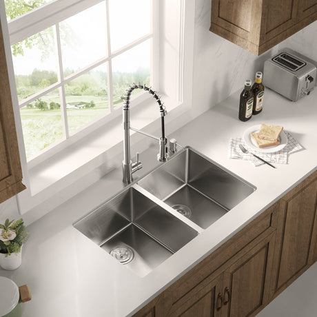 Stainless Steel 33 - in. 50/50 Double Bowl Drop - in or Undermount Kitchen Sink with Thick Deck and Grids, DD3321R - Serene Valley