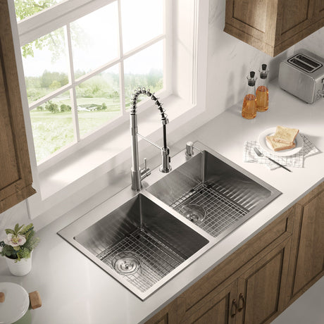 Stainless Steel 33 - in. 50/50 Double Bowl Drop - in or Undermount Kitchen Sink with Thick Deck and Grids, DD3322R - Serene Valley