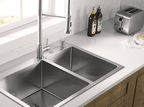 Stainless Steel 33 - in. 60/40 Double Bowl Drop - in or Undermount Kitchen Sink with Thick Deck and Grids, DDK3322R - Serene Valley