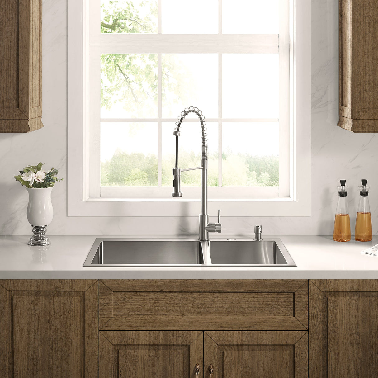 Stainless Steel 33 - in. 60/40 Double Bowl Drop - in or Undermount Kitchen Sink with Thick Deck and Grids, DDK3322R - Serene Valley