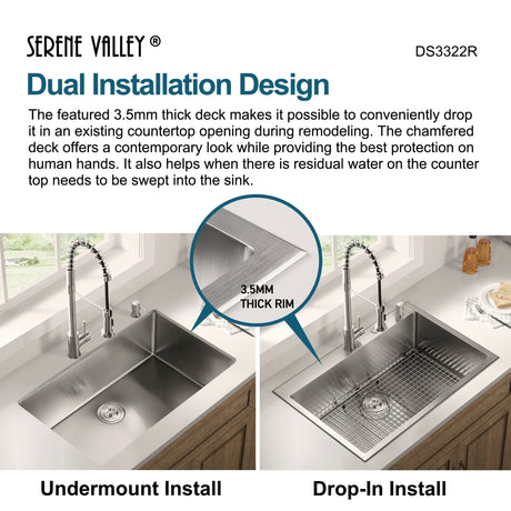 Stainless Steel 33 - in. Single Bowl Drop - in or Undermount Kitchen Sink with Thick Deck and Grid, DS3322R - Serene Valley