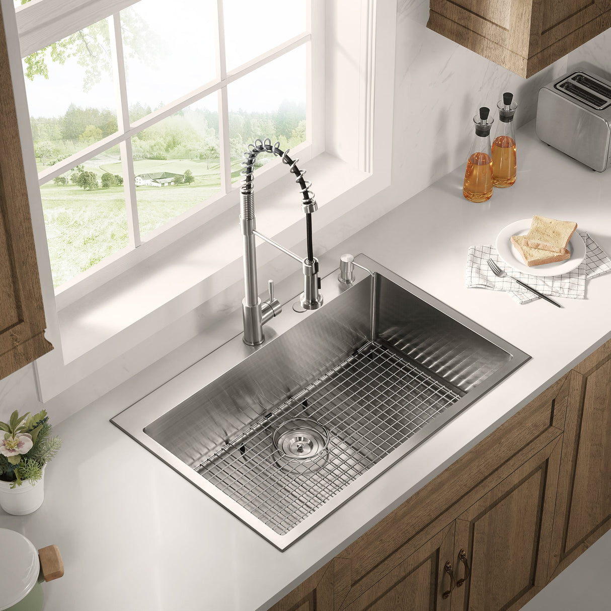 Stainless Steel 33 - in. Single Bowl Drop - in or Undermount Kitchen Sink with Thick Deck and Grid, DS3322R - Serene Valley