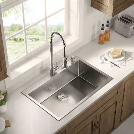 Stainless Steel 33 - in. Single Bowl Drop - in or Undermount Kitchen Sink with Thick Deck and Grid, DS3322R - Serene Valley