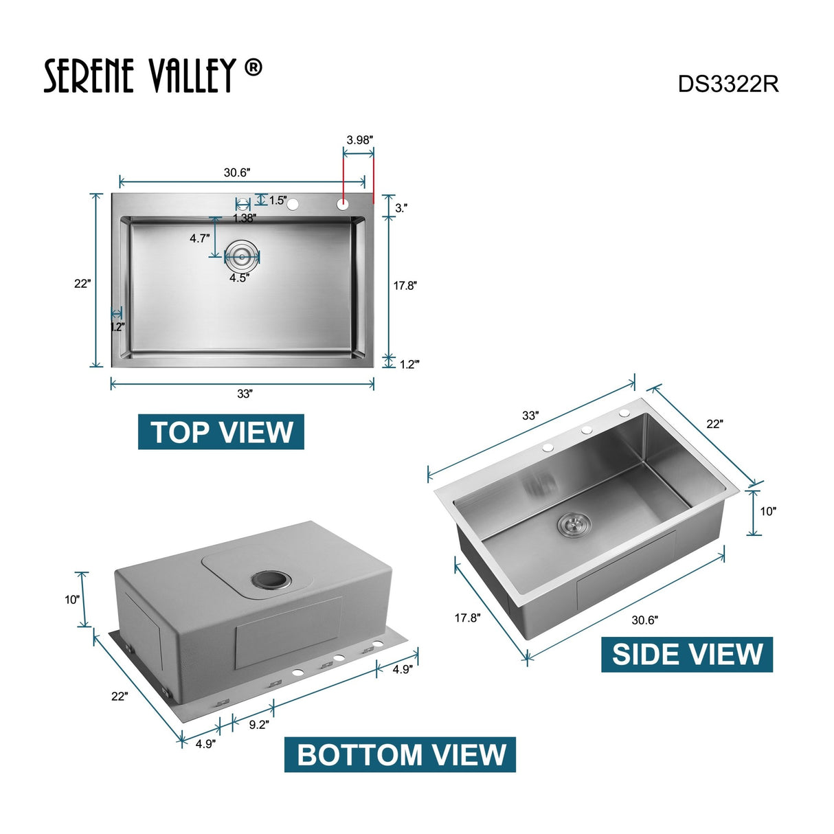 Stainless Steel 33 - in. Single Bowl Drop - in or Undermount Kitchen Sink with Thick Deck and Grid, DS3322R - Serene Valley