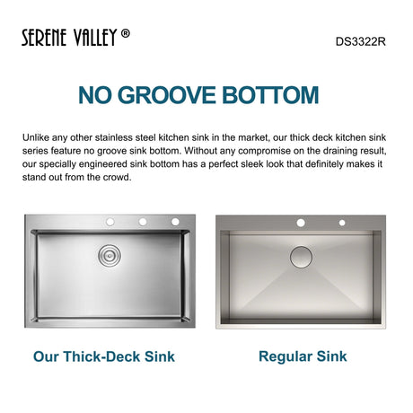 Stainless Steel 33 - in. Single Bowl Drop - in or Undermount Kitchen Sink with Thick Deck and Grid, DS3322R - Serene Valley