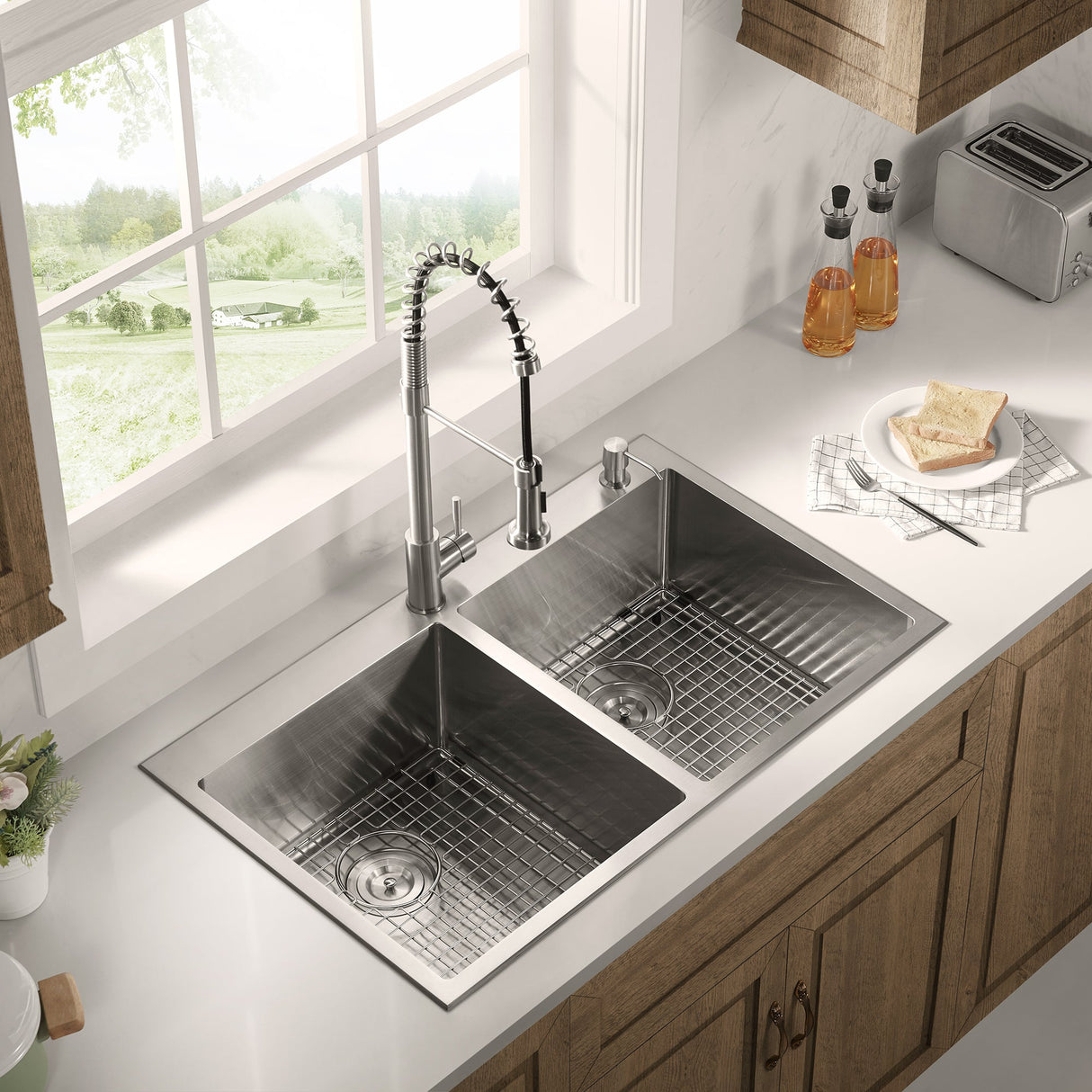 Stainless Steel 36 - in. 50/50 Double Bowl Drop - in or Undermount Kitchen Sink with Thick Deck and Grids, DD3622R - Serene Valley