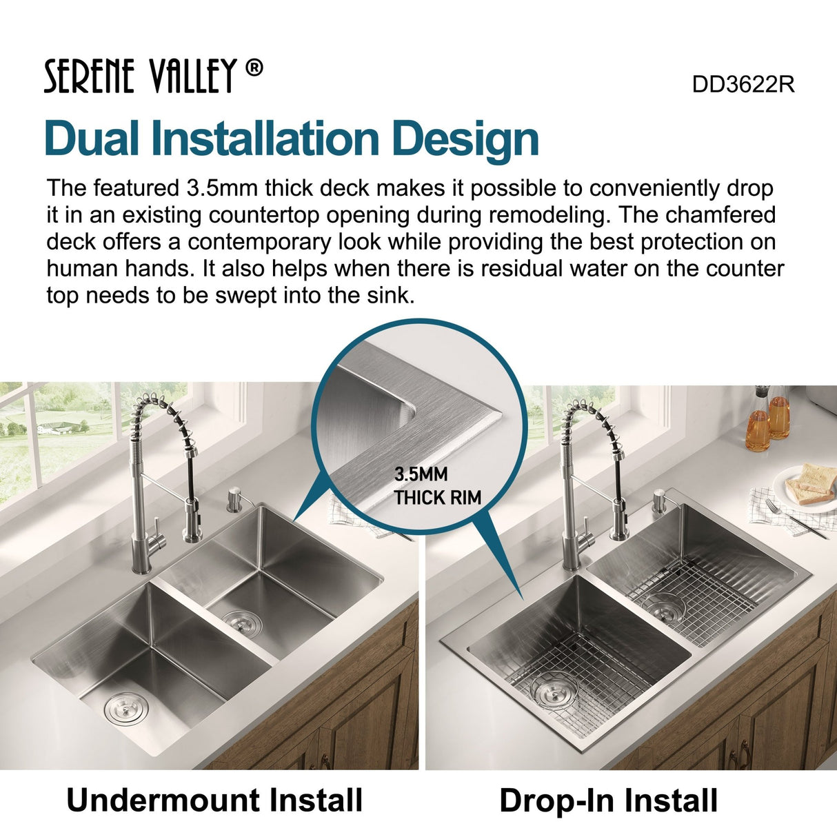 Stainless Steel 36 - in. 50/50 Double Bowl Drop - in or Undermount Kitchen Sink with Thick Deck and Grids, DD3622R - Serene Valley