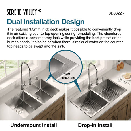 Stainless Steel 36 - in. 50/50 Double Bowl Drop - in or Undermount Kitchen Sink with Thick Deck and Grids, DD3622R - Serene Valley