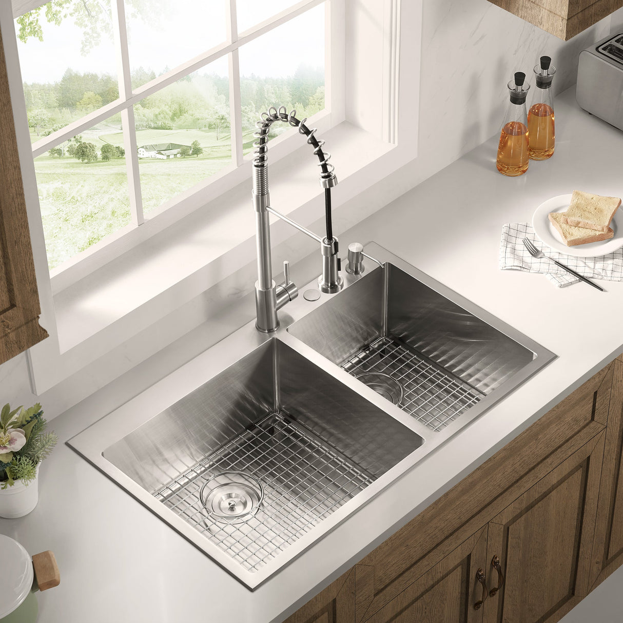 Stainless Steel 36 - in. 60/40 Double Bowl Drop - in or Undermount Kitchen Sink with Thick Deck and Grids, DDK3622R - Serene Valley