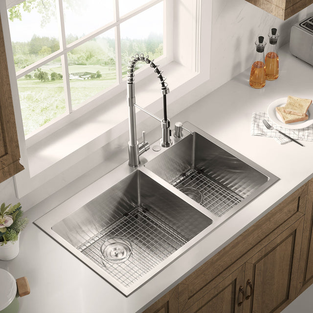 Stainless Steel 36 - in. 60/40 Double Bowl Drop - in or Undermount Kitchen Sink with Thick Deck and Grids, DDK3622R - Serene Valley