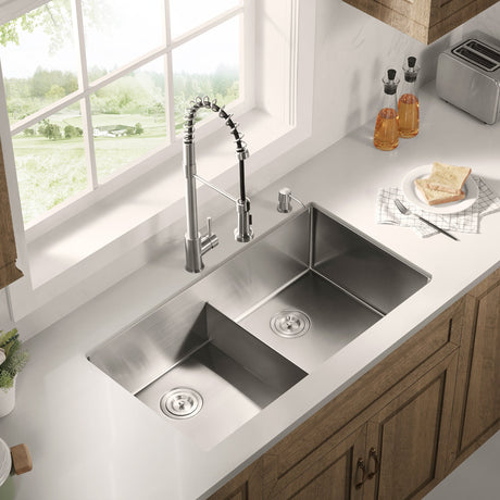 Stainless Steel 36 - in. Double Bowl Drop - in or Undermount Kitchen Sink with Thin Divider DDG3622R - Serene Valley