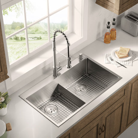 Stainless Steel 36 - in. Double Bowl Drop - in or Undermount Kitchen Sink with Thin Divider DDG3622R - Serene Valley