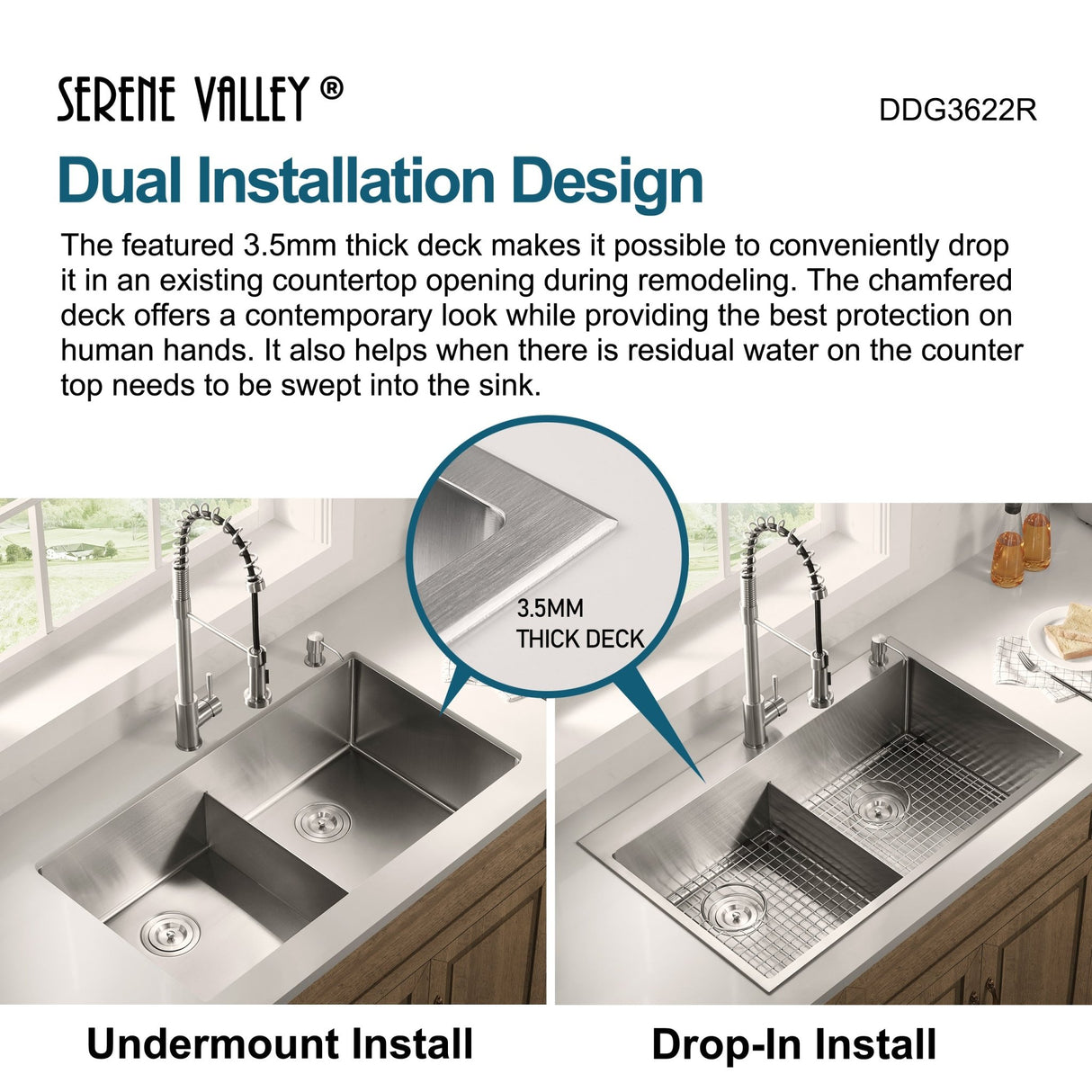 Stainless Steel 36 - in. Double Bowl Drop - in or Undermount Kitchen Sink with Thin Divider DDG3622R - Serene Valley