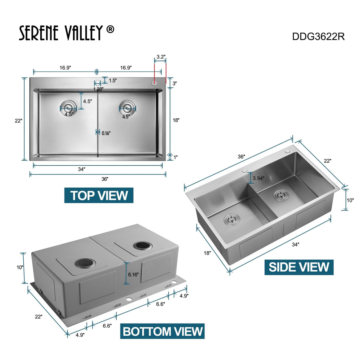 Stainless Steel 36 - in. Double Bowl Drop - in or Undermount Kitchen Sink with Thin Divider DDG3622R - Serene Valley