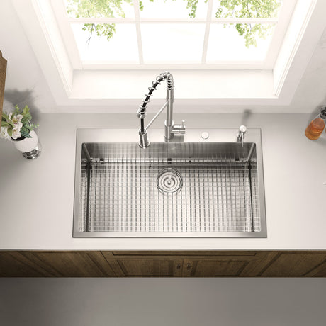 Stainless Steel 36 - in. Single Bowl Drop - in or Undermount Kitchen Sink with Thick Deck and Grid, DS3622R - Serene Valley