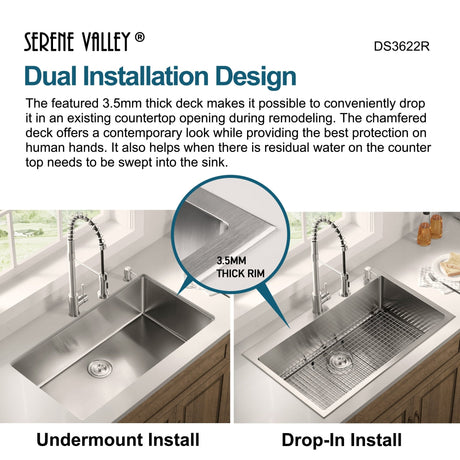 Stainless Steel 36 - in. Single Bowl Drop - in or Undermount Kitchen Sink with Thick Deck and Grid, DS3622R - Serene Valley