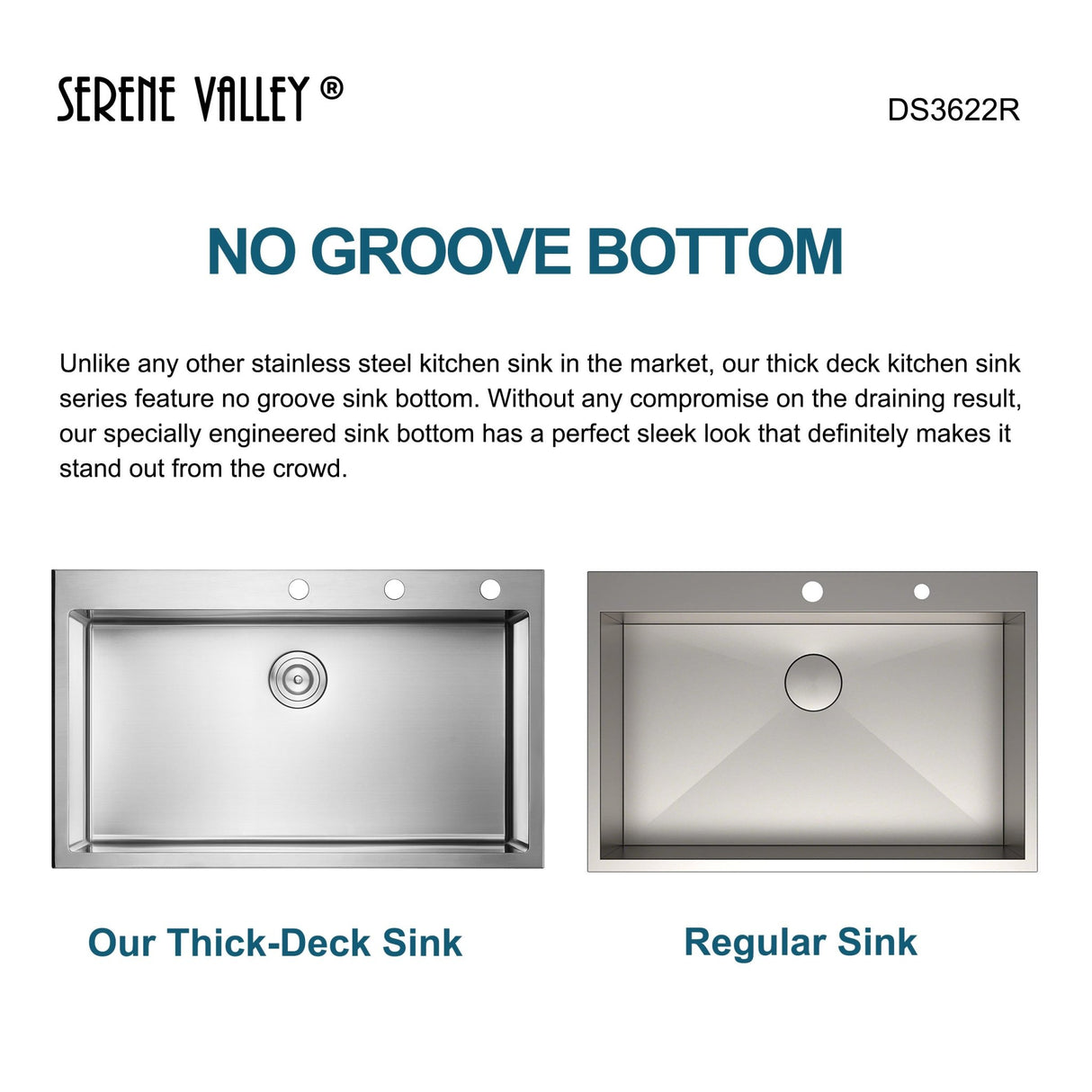 Stainless Steel 36 - in. Single Bowl Drop - in or Undermount Kitchen Sink with Thick Deck and Grid, DS3622R - Serene Valley