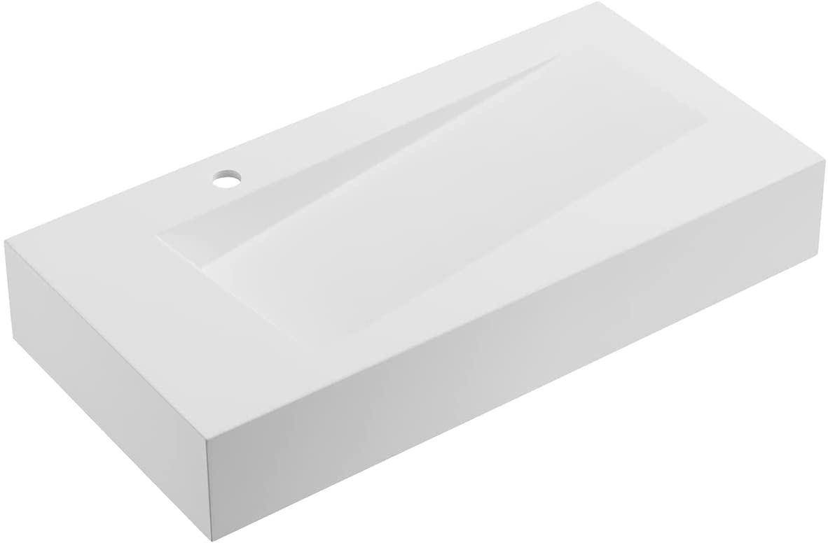 Serene Valley Floating or Countertop Bathroom Sink, Unique Diamond Sink with Hidden Drain, 36" Solid Surface Material in Matte White, SVWS610-36WH