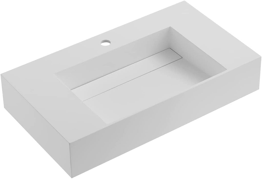 Serene Valley Floating or Countertop Bathroom Sink, Classic Square Sink with Hidden Drain Design, 32" Solid Surface Material in Matte White, SVWS612-32WH