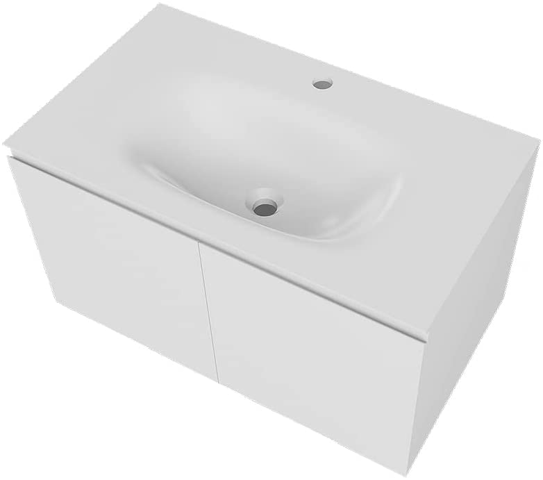 Serene Valley Bathroom Floating Vanity with Hinged Cabinet, Oval Sink Bowl with Matching Pop-Up Strainer, 34" Solid Surface Material in Matte White, SVWS616-24WH