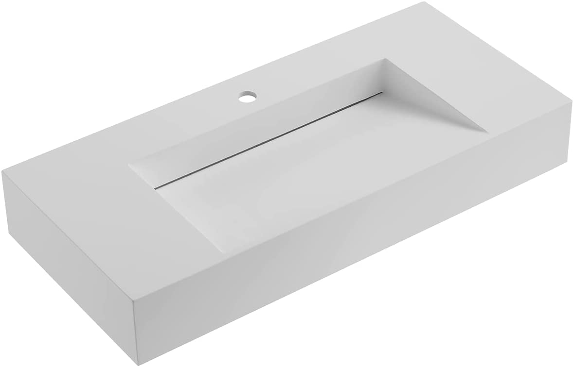 Serene Valley Floating or Countertop Bathroom Sink, Special Wedge with Hidden Drain Design, 40" Solid Surface Material in Matte White, SVWS611-40WH