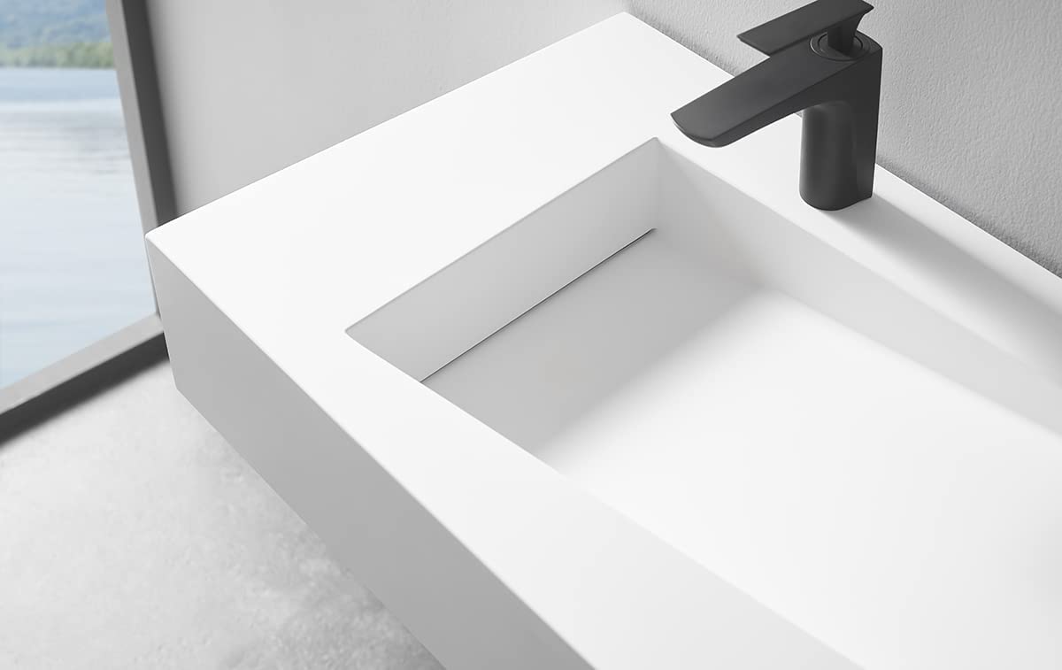 Serene Valley Floating or Countertop Bathroom Sink, Unique Diamond Sink with Hidden Drain, 36" Solid Surface Material in Matte White, SVWS610-36WH