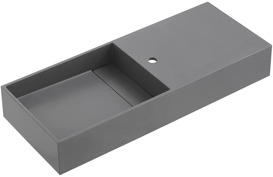Serene Valley Floating or Countertop Bathroom Sink, Side Faucet with Square Sink and Hidden Drain, 32" Solid Surface Material in Matte Gray, SVWS613-32GR