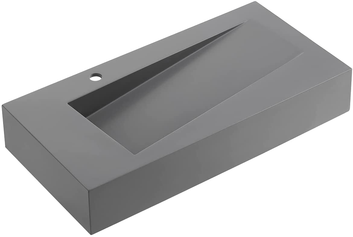 Serene Valley Floating or Countertop Bathroom Sink, Unique Diamond Sink with Hidden Drain, 36" Solid Surface Material in Matte Gray, SVWS610-36GR