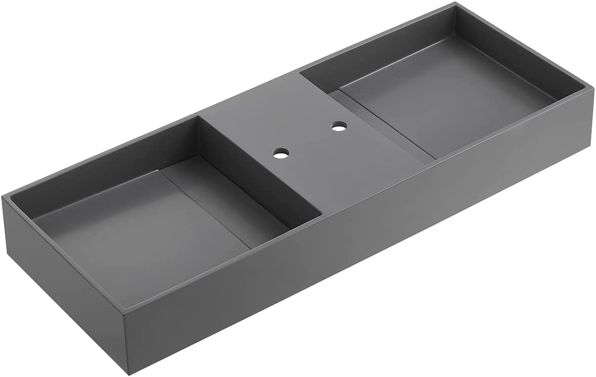 Serene Valley Floating or Countertop Bathroom Double Sink, Two Faucet Holes with Hidden Drain Design, 40" Solid Surface Material in Matte Gray, SVWS608-40GR