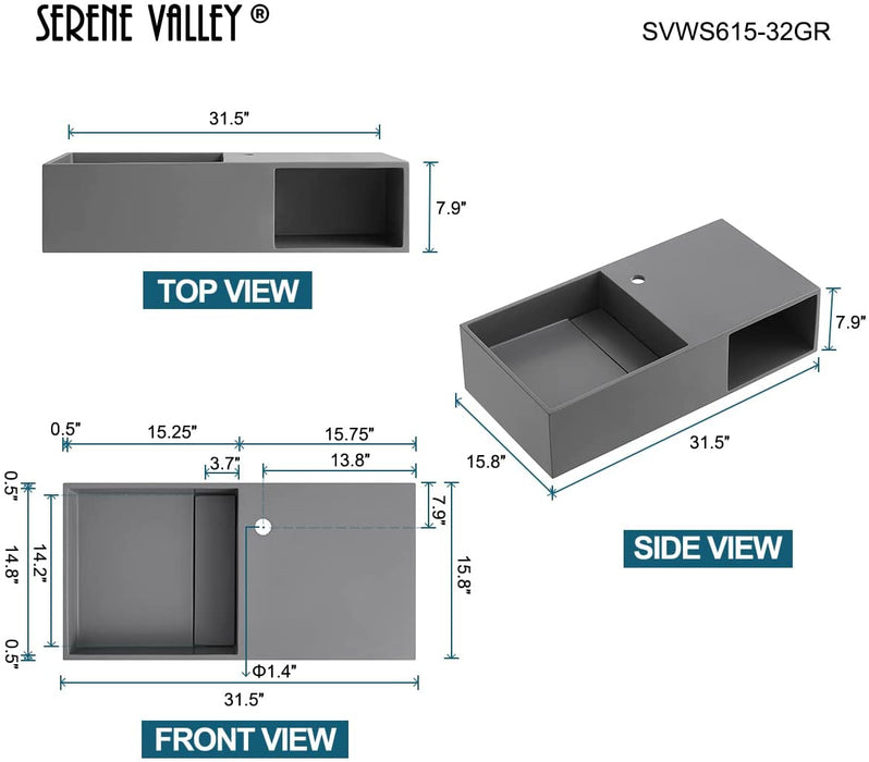 Serene Valley Bathroom Floating Vanity, 32" Wall-Mount Sink with Side Faucet and Storage Space, Solid Surface Material in Matte Gray, SVWS615-32GR