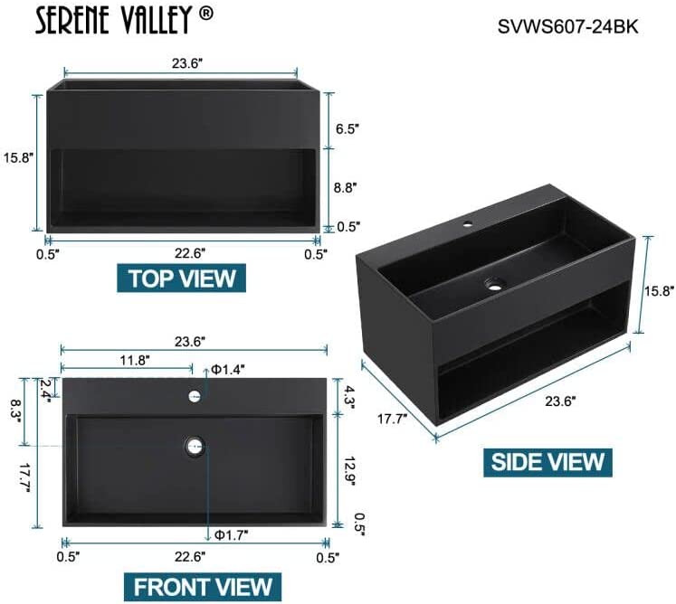 Serene Valley Bathroom Floating Vanity, 24" Wall-Mount Sink with Built-in Towel Space, Solid Surface Material in Matte Black, SVWS607-24BK