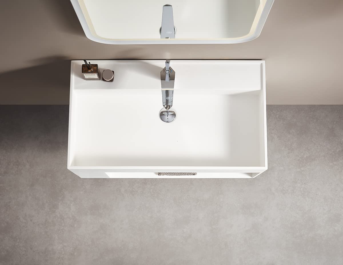 Serene Valley Bathroom Floating Vanity, 32" Wall-Mount Sink with Large Storage Space and Pop-up Strainer, Solid Surface Material in Matte White, SVWS609-32WH