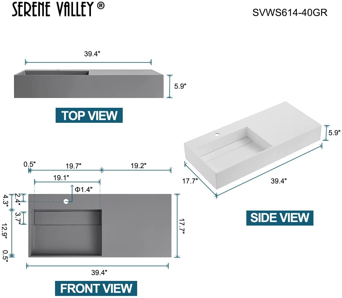 Serene Valley Floating or Countertop Bathroom Sink, Large Square Sink with Hidden Drain, 40" Solid Surface Material in Matte Gray, SVWS614-40GR