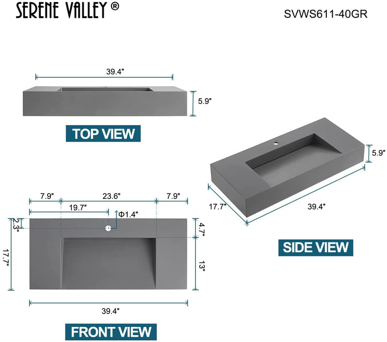 Serene Valley Floating or Countertop Bathroom Sink, Special Wedge with Hidden Drain Design, 40" Solid Surface Material in Matte Gray, SVWS611-40GR
