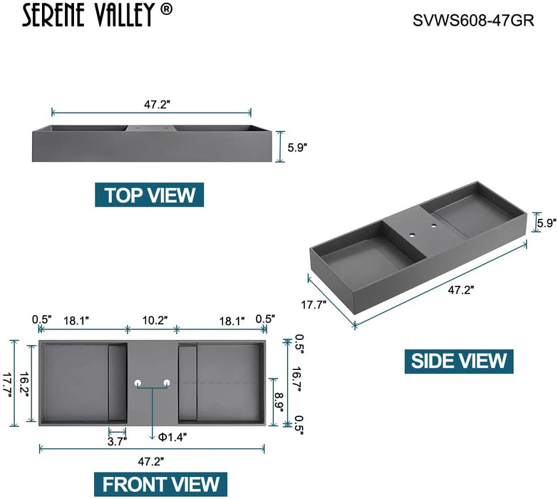 Serene Valley Floating or Countertop Bathroom Double Sink, Two Faucet Holes with Hidden Drain Design, 47" Solid Surface Material in Matte Gray, SVWS608-47GR
