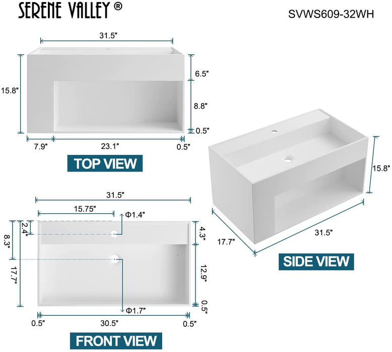 Serene Valley Bathroom Floating Vanity, 32" Wall-Mount Sink with Large Storage Space and Pop-up Strainer, Solid Surface Material in Matte White, SVWS609-32WH