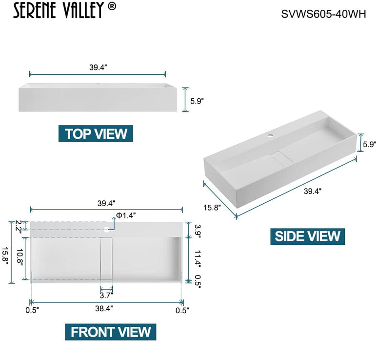 Serene Valley 40" Floating or Countertop Bathroom Sink, Single Faucet Holes with Hidden Drain, Solid Surface Material in Matte White, SVWS605-40WH